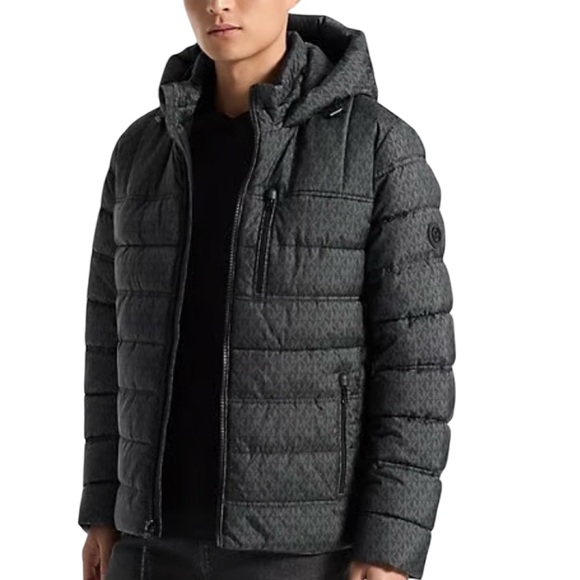 Michael Kors Signature Motif Puffer Hood Jacket Black and Gray Large NWT